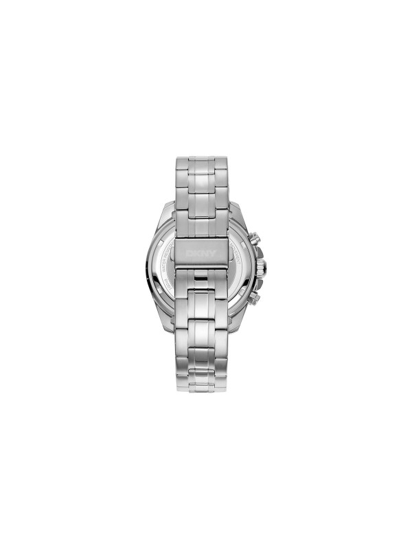DKNY muški sat hronograf, 42mm srebrno kućište, crni brojčanik, čelična narukvica. Vodootporan do 100m, kvarcni mehanizam.