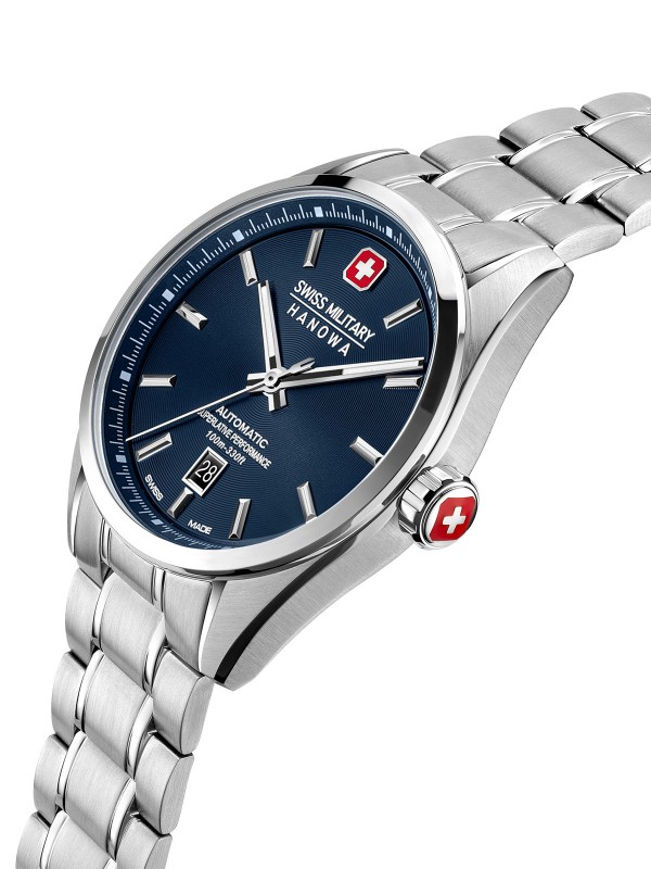 Elegantni SWISS MILITARY HANOWA MAJESTIC PIONEER sat sa automatskim mehanizmom, teget brojčanikom i vodootpornošću do 100m.