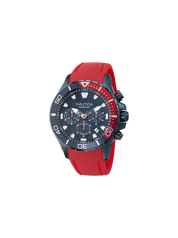NAPNSS505 NAUTICA BOX SET: teget sportski sat + 2 silikonske narukvice (teget i crvena). Teksturiran brojčanik, hronograf, IP premaz, 100m vodootporan.