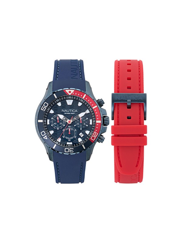 NAPNSS505 NAUTICA BOX SET: teget sportski sat + 2 silikonske narukvice (teget i crvena). Teksturiran brojčanik, hronograf, IP premaz, 100m vodootporan.