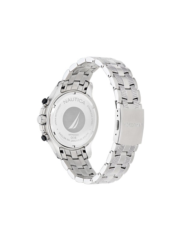 Muški NAUTICA NAPNSS503 sat: čelično kućište 44mm, crni brojčanik, hronograf, narukvica od nerđajućeg čelika. Sportski stil za svaki dan.