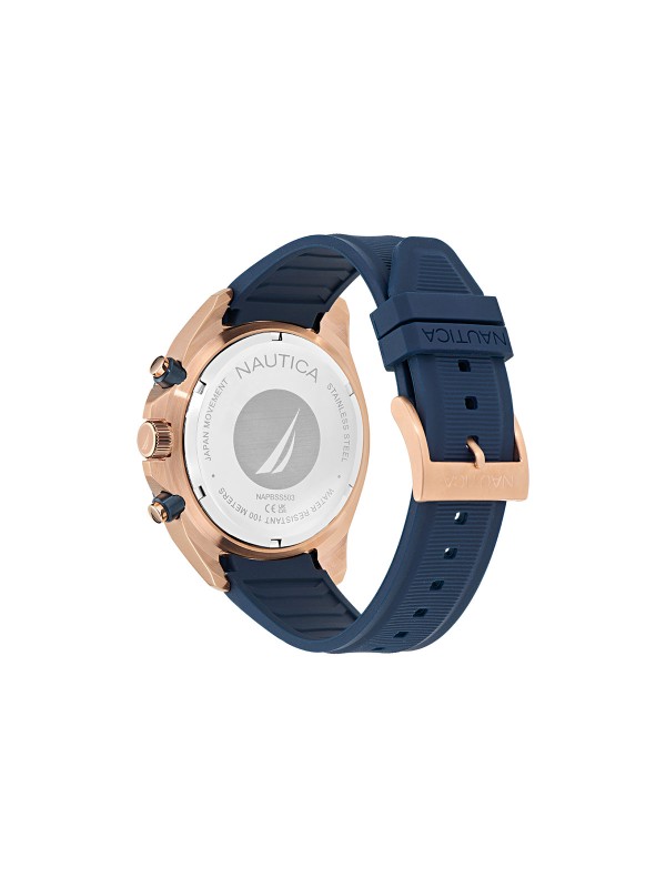 NAPBSS503 NAUTICA sat: rosegold kućište, teget brojčanik i kaiš, kvarcni hronograf, 100m vodootporan. Sportska elegancija uz reciklirani čelik.