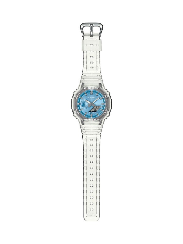 GA-2100BM-7A2ER G-SHOCK muški sat: oktagonalno kućište, svetloplavi brojčanik, neon osvetljenje. Providan dizajn, vodootporan 200m, urbano izdanje!