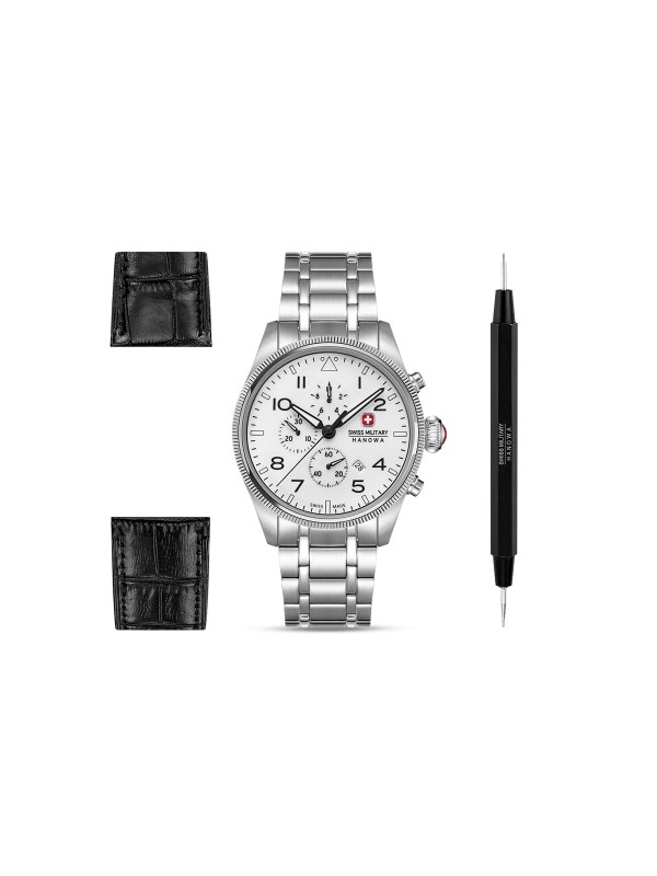 SWISS MILITARY HANOWA THUNDERBOLT CHRONO NORTHERN NIGHT BOX SET SMWGI0005701-SET – Swiss Made muški hronograf koji spaja preciznost i moderan dizajn. Ističe se belim brojčanikom sa zelenim luminescentnim efektom nalik polarnoj svetlosti, kućištem od nerđajućeg čelika i safirnim staklom. Ovaj ekskluzivni set uključuje čeličnu i dodatnu crnu kožnu narukvicu, uz kvarcni mehanizam Ronda 3540D i vodootpornost do 100 metara.