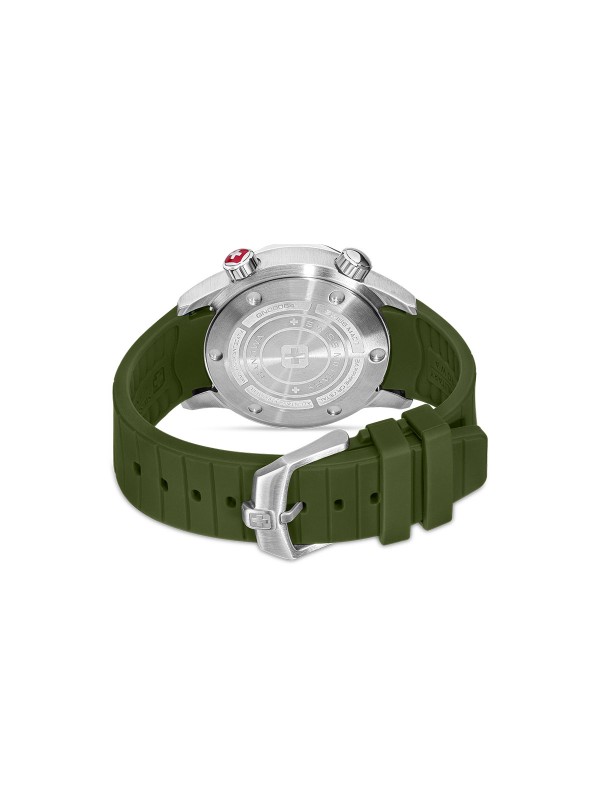 SWISS MILITARY HANOWA BREAKWATER SMWGN0006402 – Swiss Made muški sportski sat dizajniran za avanture pod vodom i na kopnu. Kućište od nerđajućeg čelika prečnika 43 mm i maslinasto zeleni brojčanik sa talasastim uzorkom daju mu robustan, a sofisticiran izgled. Maslinasto zelena silikonska narukvica pruža udobnost i sigurnost, dok safirno staklo, kvarcni mehanizam Ronda 505 i vodootpornost do 300 metara obezbeđuju pouzdanost u svim uslovima.