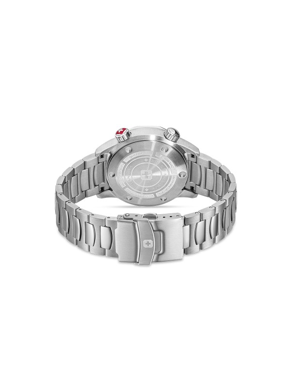 SWISS MILITARY HANOWA BREAKWATER SMWGH0006403 – Swiss Made muški sportski sat dizajniran za ekstremne uslove i dubine do 300 metara. Kućište od nerđajućeg čelika prečnika 43 mm, gradijentno plavi brojčanik sa talasastim uzorkom i safirno staklo pružaju savršenu kombinaciju funkcionalnosti i stila. Sat poseduje dve krunice sa zavrtnjem za podešavanje vremena i ronjenja, kao i kvarcni mehanizam Ronda 505 sa funkcijom datuma.