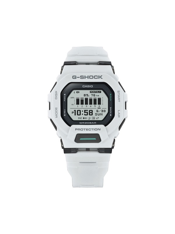 G-SHOCK GBD-200-7ER – muški digitalni sat iz G-SQUAD serije u modernoj beloj boji, stvoren za sport i trčanje. Opremljen Bluetooth® povezivanjem, brojačem koraka, senzorom ubrzanja, planerom i dnevnikom treninga, ovaj model pruža sve što vam treba za praćenje performansi. MIP ekran obezbeđuje izuzetnu čitljivost i na suncu, dok robusno gumeno kućište i narukvica garantuju udobnost i otpornost. Vodootporan do 200m i sa baterijom koja traje do 2 godine – idealan saveznik aktivnog načina života.