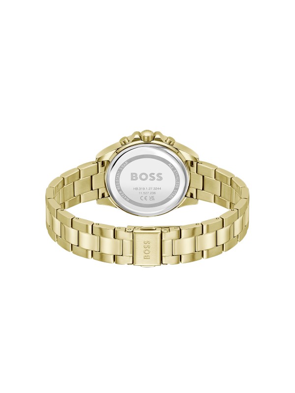 BOSS ALLEY 1502829 – ženski sportsko elegantni sat sa kućištem i narukvicom od nerđajućeg čelika u boji žutog zlata. Srebrno beli brojčanik i multifunkcionalni kvarcni mehanizam čine ga savršenim spojem sofisticiranosti i modernog stila.