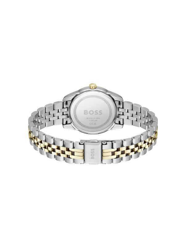 BOSS GRACEFUL PRECIOUS 1502811 – luksuzni ženski sat koji spaja eleganciju i moderan dizajn. Kućište i narukvica od nerđajućeg čelika u kombinaciji srebra i žutog zlata, crni brojčanik sa cirkonima na markerima za sate. Kvarcni mehanizam, mineralno staklo i vodootpornost do 30m čine ovaj model savršenim izborom za dame koje cene sofisticiranost i stil.
