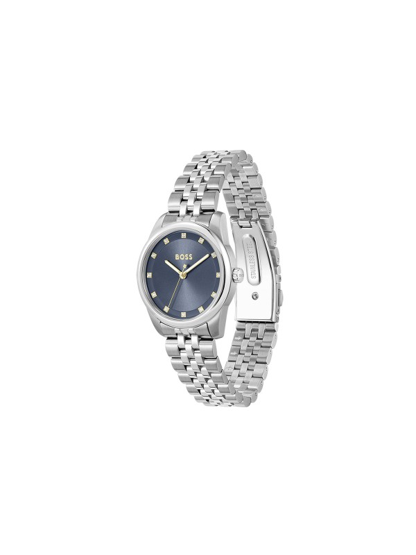 BOSS GRACEFUL PRECIOUS 1502809 – elegantan ženski sat izrađen od nerđajućeg čelika u boji srebra, sa teget brojčanikom ukrašenim cirkonima koji dodaju sofisticirani sjaj. Okruglo kućište prečnika 32mm, mineralno staklo, kvarcni mehanizam i vodootpornost do 30m čine ovaj sat savršenim spojem luksuza i prefinjenog stila za svaku priliku.