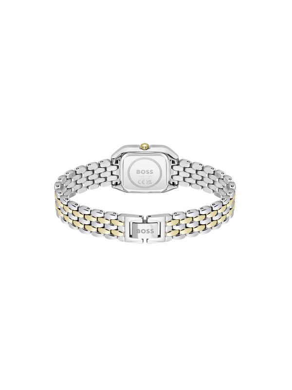 BOSS MAE PETITE 1502822 – elegantan ženski sat koji kombinuje moderan dizajn i klasičnu sofisticiranost. Kvadratno kućište manjih dimenzija izrađeno od nerđajućeg čelika u dve boje, srebra i žutog zlata, istaknuto zelenim brojčanikom sa rimskim brojevima. Sa kvarcnim mehanizmom, mineralnim staklom i vodootpornošću do 30m, ovaj sat je savršen dodatak za dame sa stilom.