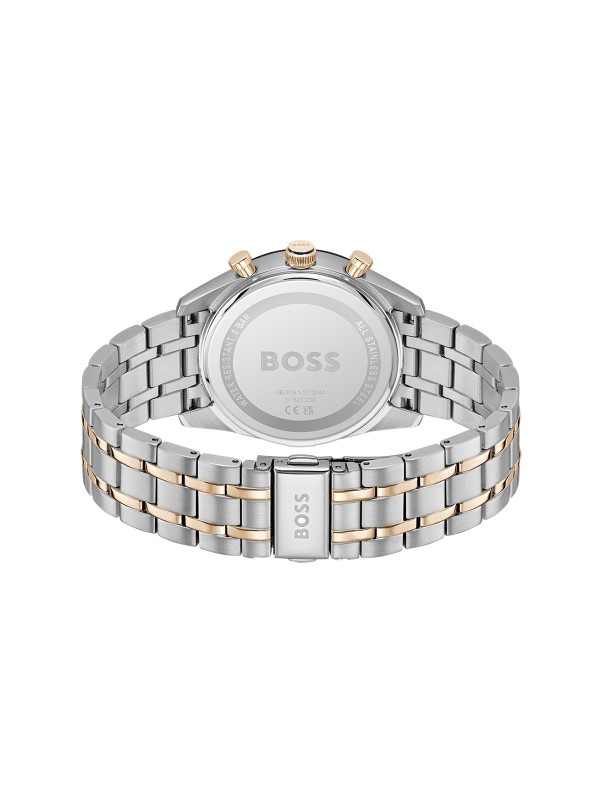 BOSS TOURMASTER 1514288 – muški dual time sat sa plavim “panda” brojčanikom i tahimetrom. Kućište od nerđajućeg čelika u boji srebra sa plavom koronom i narukvica u kombinaciji srebra i roze zlata. Elegantni retro dizajn sa savremenim detaljima.