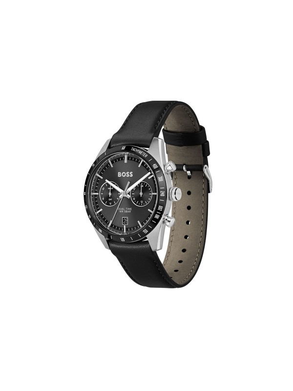BOSS TOURMASTER 1514284 – muški sat sa dualnim vremenom i crnim “panda” brojčanikom. Kućište od nerđajućeg čelika sa crnim tahimetarskim okvirom, kupolasto staklo i crna kožna narukvica. Savršen spoj retro šarma i moderne preciznosti.