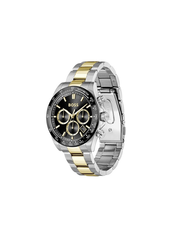 BOSS HERO 2.0 1514269 – muški sportski hronograf od nerđajućeg čelika u kombinaciji boja srebra i žutog zlata. Crni brojčanik sa zlatnim detaljima i tahimetrom na okviru kućišta. Luksuzan dizajn inspirisan automobilizmom i trkama.