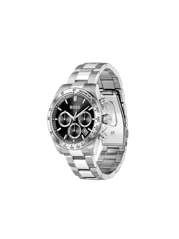 BOSS HERO 2.0 1514267 – muški sportski hronograf inspirisan automobilizmom i trkama. Nerđajući čelik u boji srebra, crni brojčanik sa tri podbrojčanika i tahimetrom na okviru. Robustna elegancija i preciznost u savršenom balansu.