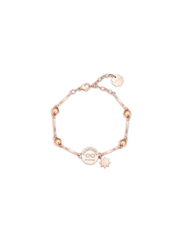 Brosway CHAKRA narukvica u boji roze zlata slavi snagu prijateljstva. Medaljon sa porukom “WE ARE MORE THAN FRIENDS” i belim cirkonima simbolizuje povezanost i podršku. Elegantna i emotivna narukvica od nerđajućeg čelika, idealan poklon dragoj osobi.