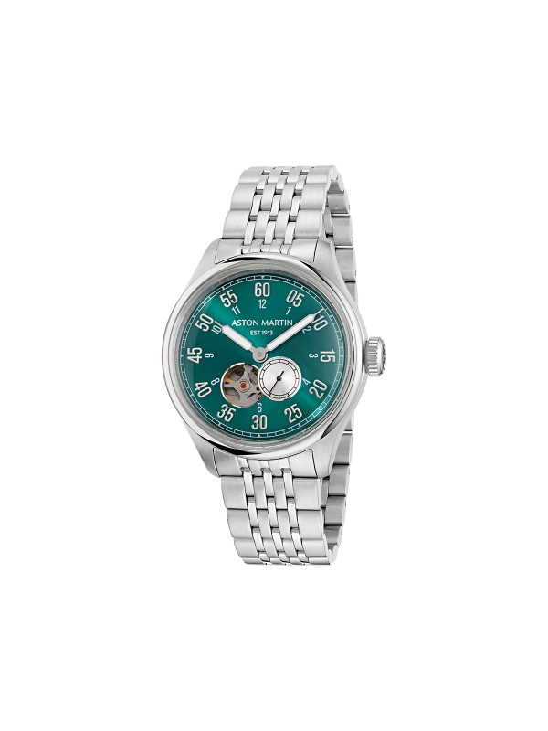 Aston Martin MTTS1F504 – automatik sat koji spaja luksuz, nasleđe i inženjersku preciznost. Kućište od nerđajućeg čelika prečnika 41mm sadrži skeleton brojčanik u podium zelenoj boji sa istorijskim logom Aston Martina iz 1913. godine. Transparentna poleđina otkriva automatski mehanizam sa rotorom u istoj nijansi, dok čelična narukvica u boji srebra donosi sofisticiran i moćan izgled. Sat za muškarce koji cene eleganciju i snagu performansi.