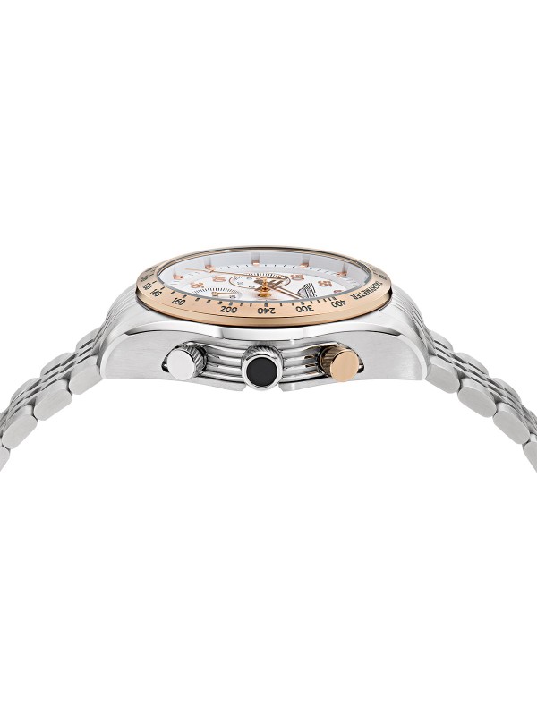 Aston Martin MTRS1F504 – luksuzni muški hronograf koji kombinuje sportski karakter i sofisticiran dizajn. Kućište od nerđajućeg čelika prečnika 42mm, beli brojčanik i tahimetarska skala u boji roze zlata donose eleganciju sa trkačkim duhom. Narukvica od čelika u boji srebra, mineralno staklo sa safirnom prevlakom i vodootpornost 100m čine ovaj sat savršenim izborom za savremenog muškarca.