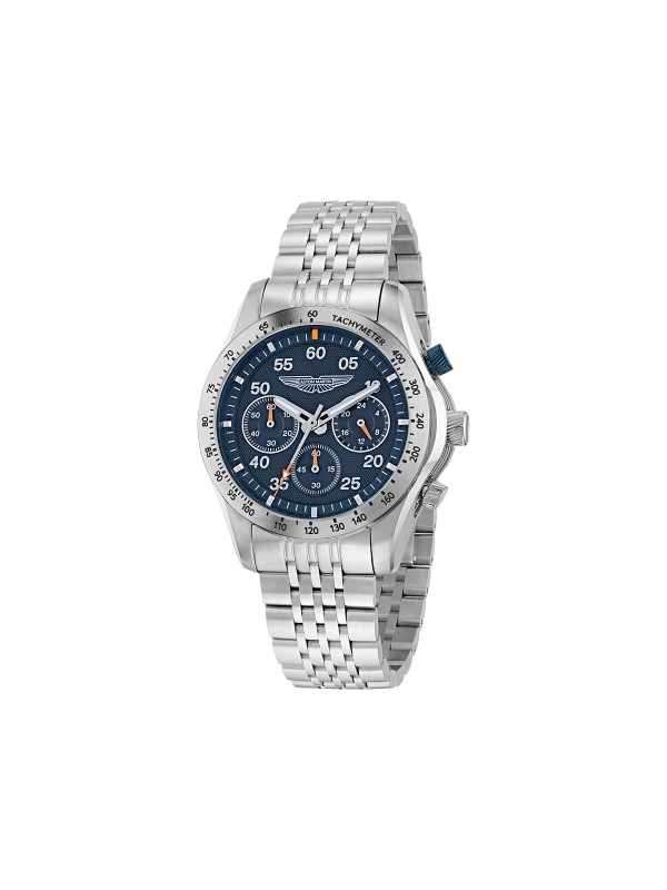 Aston Martin MTRS1F503 – elegantan muški hronograf koji spaja luksuz i sportski duh. Kućište od nerđajućeg čelika prečnika 42mm, teget brojčanik sa tahimetarskom skalom i osvetljenim kazaljkama odražavaju trkačko nasleđe Aston Martina. Srebrna narukvica i detalji visokog sjaja pružaju prepoznatljiv sofisticiran izgled. Vodootpornost 100m i mineralno staklo sa safirnom prevlakom obezbeđuju dugotrajnost i pouzdanost.