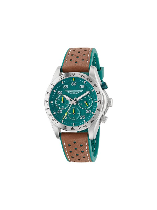 Aston Martin MTRS1F501 – muški hronograf koji spaja luksuz i trkački duh brenda. Kućište od nerđajućeg čelika prečnika 42mm, podium zeleni brojčanik sa tahimetrom i osvetljenim kazaljkama, te perforirana braon kožna narukvica sa zelenom silikonskom poleđinom čine savršen spoj performansi i stila. Vodootpornost 100m i mineralno staklo sa safirnom prevlakom garantuju izdržljivost i eleganciju.