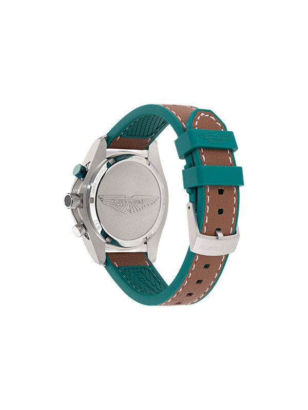 Aston Martin MTRS1F501 – muški hronograf koji spaja luksuz i trkački duh brenda. Kućište od nerđajućeg čelika prečnika 42mm, podium zeleni brojčanik sa tahimetrom i osvetljenim kazaljkama, te perforirana braon kožna narukvica sa zelenom silikonskom poleđinom čine savršen spoj performansi i stila. Vodootpornost 100m i mineralno staklo sa safirnom prevlakom garantuju izdržljivost i eleganciju.