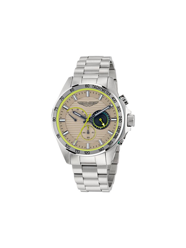 Aston Martin MTRH1F504 – muški hronograf od recikliranog nerđajućeg čelika sa brojčanikom boje šampanjca i tahimetrijskom skalom. Ovaj sofisticirani sat sa osvetljenim kazaljkama, mineralnim staklom sa safirnom prevlakom i vodootpornošću do 100m kombinuje prepoznatljive Aston Martin detalje u boji limete sa luksuznom sportskom estetikom.