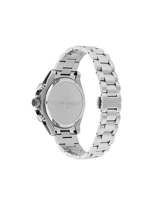 Aston Martin MTRH1F504 – muški hronograf od recikliranog nerđajućeg čelika sa brojčanikom boje šampanjca i tahimetrijskom skalom. Ovaj sofisticirani sat sa osvetljenim kazaljkama, mineralnim staklom sa safirnom prevlakom i vodootpornošću do 100m kombinuje prepoznatljive Aston Martin detalje u boji limete sa luksuznom sportskom estetikom.