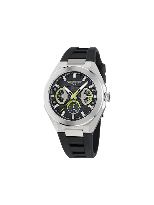 Aston Martin MTRI1F502 – muški multifunction sat sa kućištem od recikliranog nerđajućeg čelika u boji srebra i crnim brojčanikom. Detalji boje limete i crna silikonska narukvica naglašavaju sportski duh. Osvetljene kazaljke, mineralno staklo sa safirnom prevlakom i vodootpornost do 100m odražavaju spoj performansi i elegancije Aston Martin brenda.