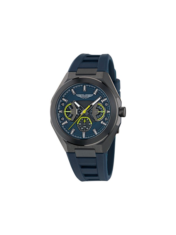 Aston Martin MTRI1F501 – muški multifunction sat sa kućištem od recikliranog nerđajućeg čelika u gun metal boji i teget silikonskom narukvicom. Teget brojčanik sa detaljima boje limete, mineralno staklo sa safirnom prevlakom i vodootpornost do 100m spajaju sportsku energiju i luksuznu estetiku Aston Martin brenda.