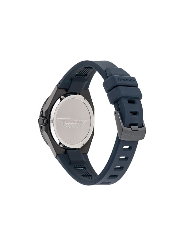 Aston Martin MTRI1F501 – muški multifunction sat sa kućištem od recikliranog nerđajućeg čelika u gun metal boji i teget silikonskom narukvicom. Teget brojčanik sa detaljima boje limete, mineralno staklo sa safirnom prevlakom i vodootpornost do 100m spajaju sportsku energiju i luksuznu estetiku Aston Martin brenda.