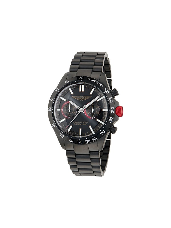 Aston Martin MTIS1F504 – muški hronograf od recikliranog nerđajućeg čelika sa IP prevlakom u crnoj boji. Elegantno crno kućište i brojčanik sa crvenim akcentima i tahimetarskom skalom. Osvetljene kazaljke, vodootpornost 100m i mineralno staklo sa safirnom prevlakom čine ovaj model simbolom luksuzne sportske elegancije.