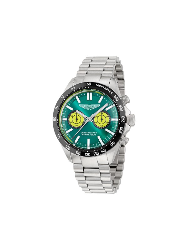 Aston Martin MTIS1F502 – luksuzni muški hronograf izrađen od recikliranog nerđajućeg čelika, sa prepoznatljivim podium zelenim brojčanikom i detaljima u limeta nijansi. Crni tahimetarski prsten, osvetljene kazaljke i vodootpornost do 100m čine ovaj sat sinonimom performansi i elegancije Aston Martin brenda.