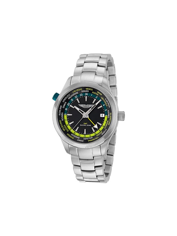 Aston Martin MTIZ1F503 – luksuzni muški GMT box set sat sa dve narukvice: čeličnom u boji srebra i silikonskom u prepoznatljivoj zelenoj Aston Martin boji. Crni brojčanik sa detaljima u podijum zelenoj i limeta boji ističe sportsko nasleđe i sofisticiran dizajn.