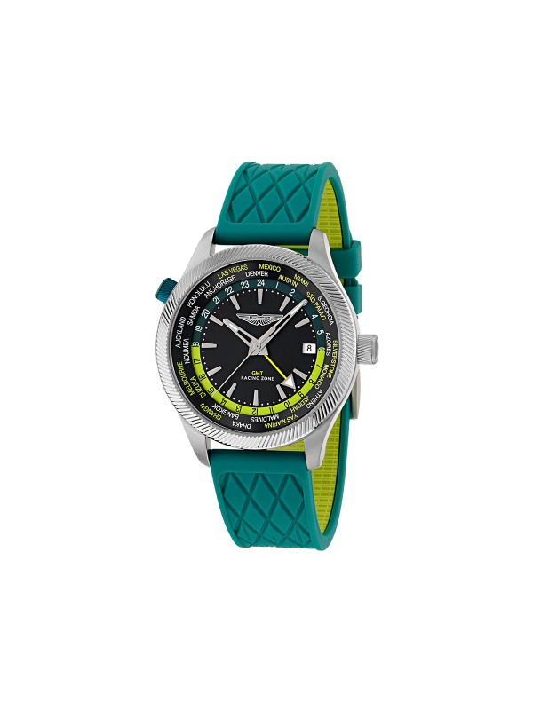 Aston Martin MTIZ1F503 – luksuzni muški GMT box set sat sa dve narukvice: čeličnom u boji srebra i silikonskom u prepoznatljivoj zelenoj Aston Martin boji. Crni brojčanik sa detaljima u podijum zelenoj i limeta boji ističe sportsko nasleđe i sofisticiran dizajn.