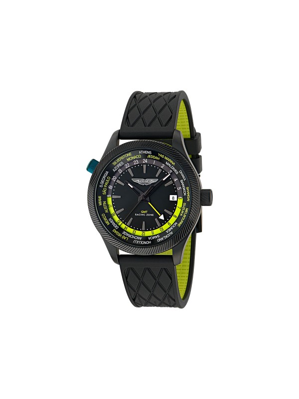 Aston Martin MTIZ1F501 – luksuzni muški GMT sat inspirisan trkačkim duhom brenda. Kućište od crnog recikliranog čelika sa IP prevlakom, crni brojčanik sa markerima boje limete i silikonska narukvica u crnoj i limeta boji. Preciznost, elegancija i performanse u jednom.