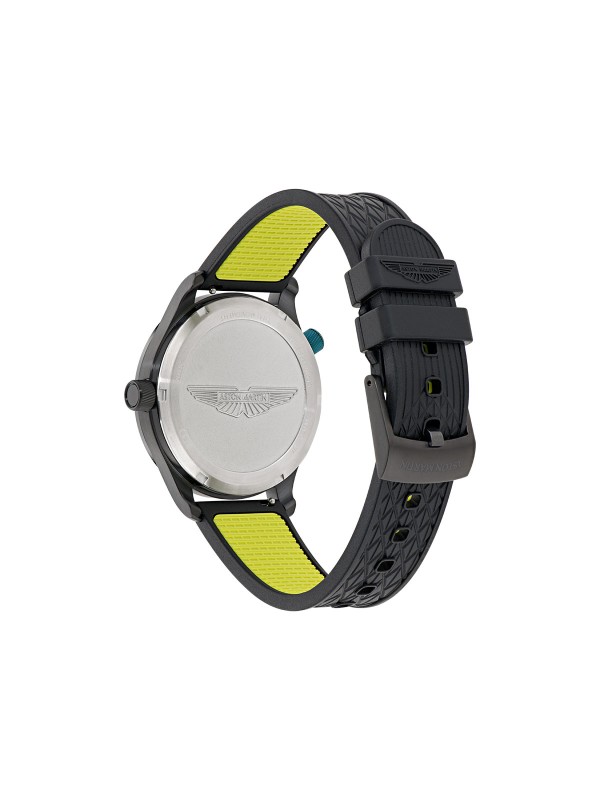 Aston Martin MTIZ1F501 – luksuzni muški GMT sat inspirisan trkačkim duhom brenda. Kućište od crnog recikliranog čelika sa IP prevlakom, crni brojčanik sa markerima boje limete i silikonska narukvica u crnoj i limeta boji. Preciznost, elegancija i performanse u jednom.