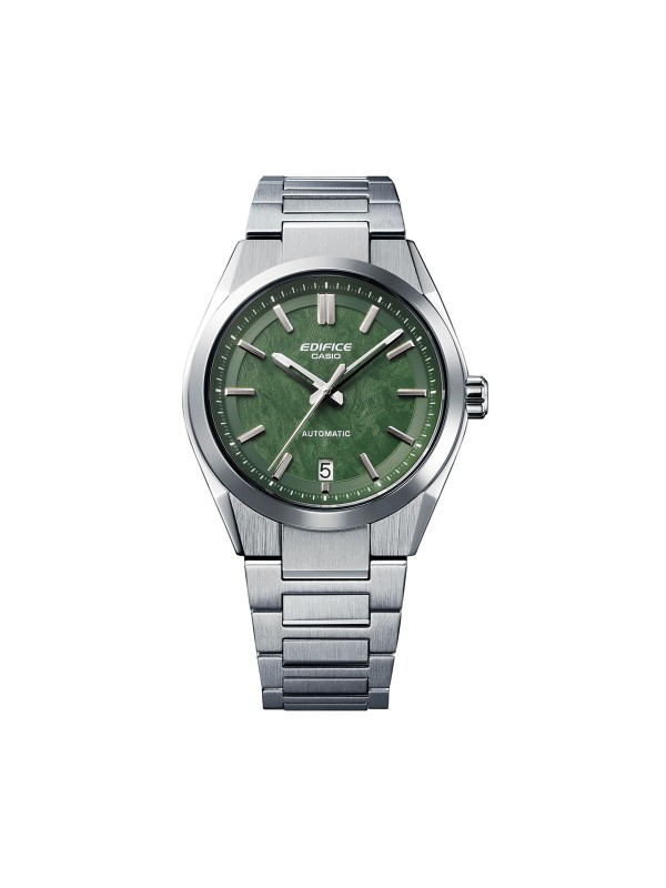 CASIO EDIFICE EFK-100D-3AER – automatski sat u boji srebra sa brojčanikom u zelenoj boji, kreiran za ljubitelje automobilskog dizajna visokih performansi. Brojčanik sa teksturom u stilu kovanog karbona, safirno staklo otporno na ogrebotine i aerodinamično kućište sa podignutim indeksima, odražavaju motosport inspiraciju i snažan karakter. Providna poleđina kućišta otkriva sofisticirani mehanički mehanizam sa rezervom snage od 40h, dok vodootpornost do 100m čini ovaj sat pouzdanim pratiocem u svim uslovima.