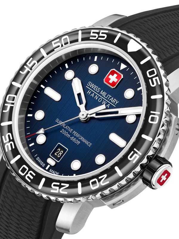 Swiss Military Hanowa Black Marlin muški ronilački sat sa teget brojčanikom. Kućište 44 mm, nerđajući čelik i vodootpornost do 200 m. Naruči online!