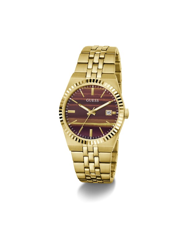Guess VINCENT muški sat u boji žutog zlata sa braon brojčanikom sa uzorkom tigrovog oka. Prečnik 39 mm i prikaz datuma. Naruči online!
