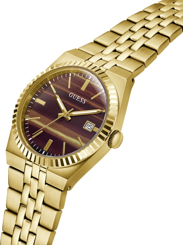 Guess VINCENT muški sat u boji žutog zlata sa braon brojčanikom sa uzorkom tigrovog oka. Prečnik 39 mm i prikaz datuma. Naruči online!