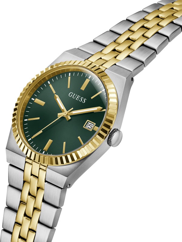 Guess VINCENT muški sat sa zelenim brojčanikom i kućištem u kombinaciji srebra i žutog zlata. Prečnik 39 mm i elegantan dizajn. Naruči online!
