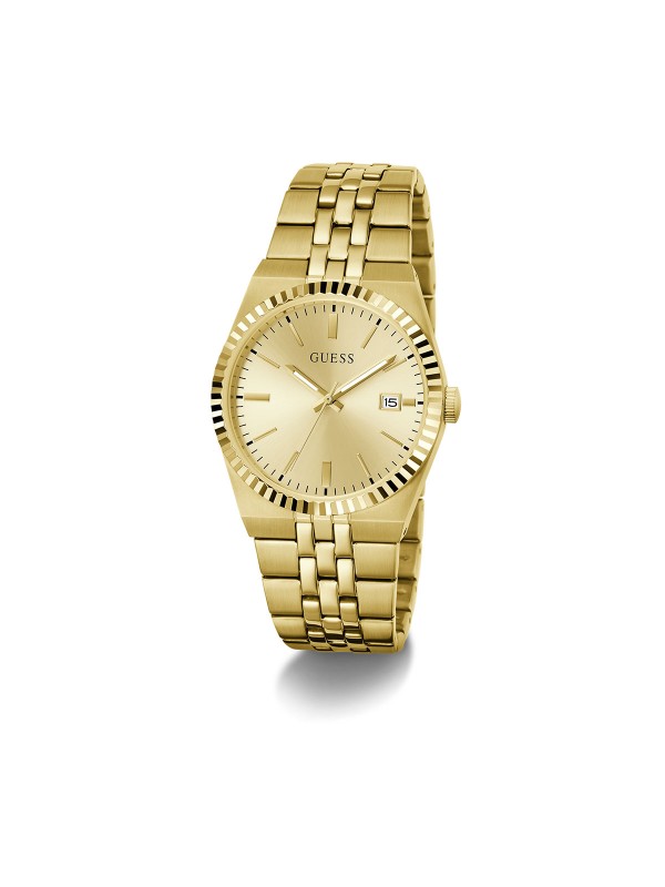 Guess Vincent muški sat u boji žutog zlata sa šampanj sunray brojčanikom. Prečnik 39 mm, prikaz datuma i moderan dizajn. Naruči online!