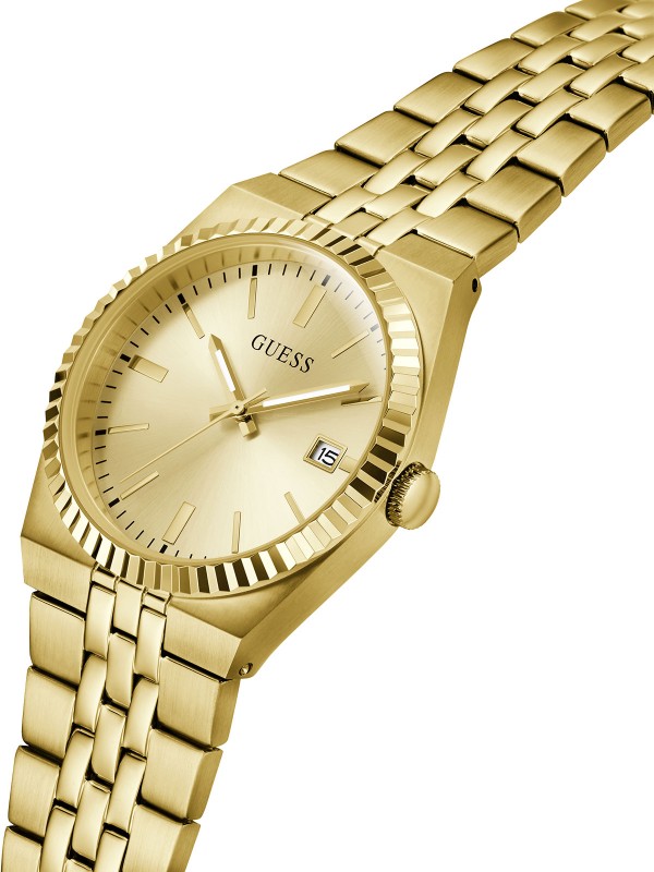 Guess Vincent muški sat u boji žutog zlata sa šampanj sunray brojčanikom. Prečnik 39 mm, prikaz datuma i moderan dizajn. Naruči online!