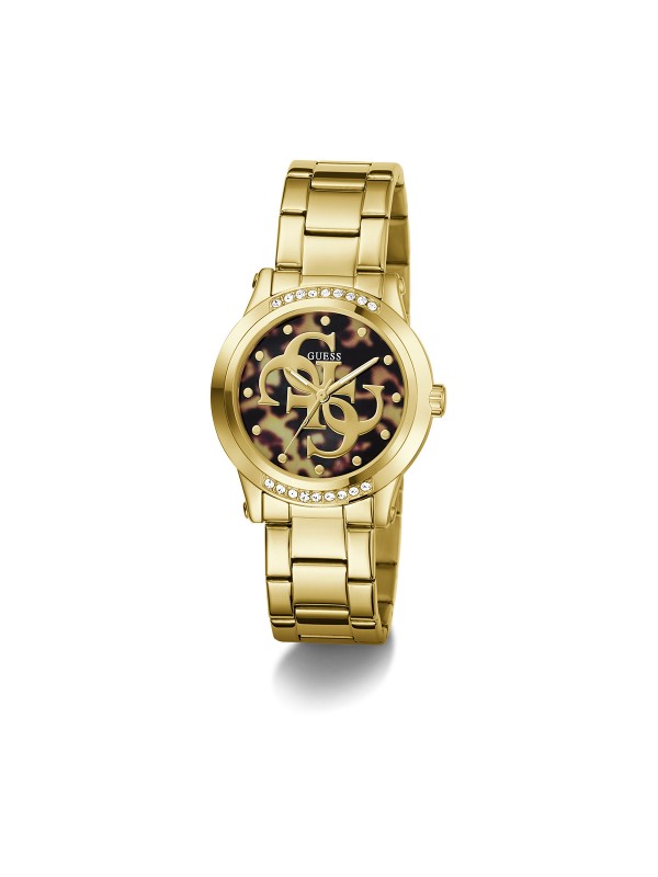 Guess ANNETTE ženski sat u boji žutog zlata sa leopard brojčanikom i 4G logotipom. Moderan i upečatljiv dizajn. Naruči online!
