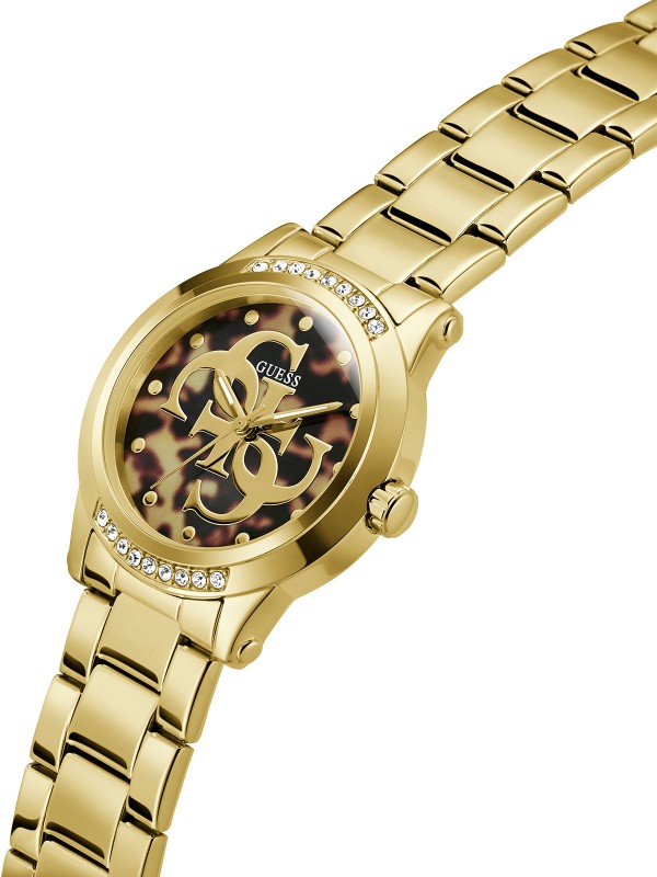 Guess ANNETTE ženski sat u boji žutog zlata sa leopard brojčanikom i 4G logotipom. Moderan i upečatljiv dizajn. Naruči online!