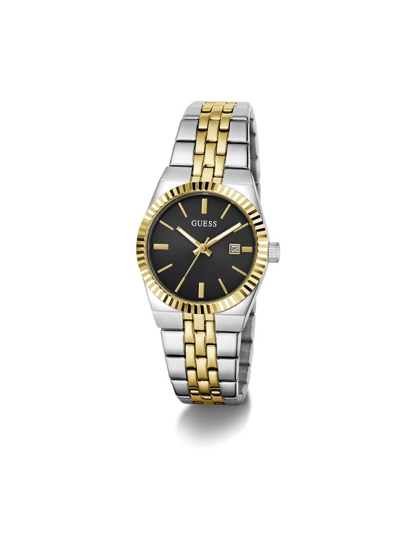 Guess VERA ženski sat u kombinaciji srebra i žutog zlata sa crnim sunray brojčanikom. Prečnik 32 mm i elegantan dizajn. Naruči online!