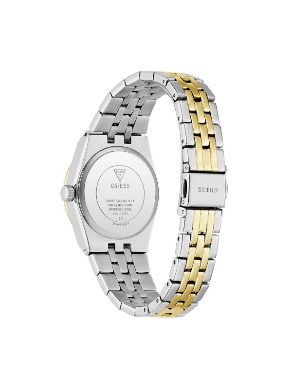 Guess VERA ženski sat u kombinaciji srebra i žutog zlata sa crnim sunray brojčanikom. Prečnik 32 mm i elegantan dizajn. Naruči online!