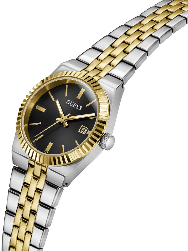 Guess VERA ženski sat u kombinaciji srebra i žutog zlata sa crnim sunray brojčanikom. Prečnik 32 mm i elegantan dizajn. Naruči online!