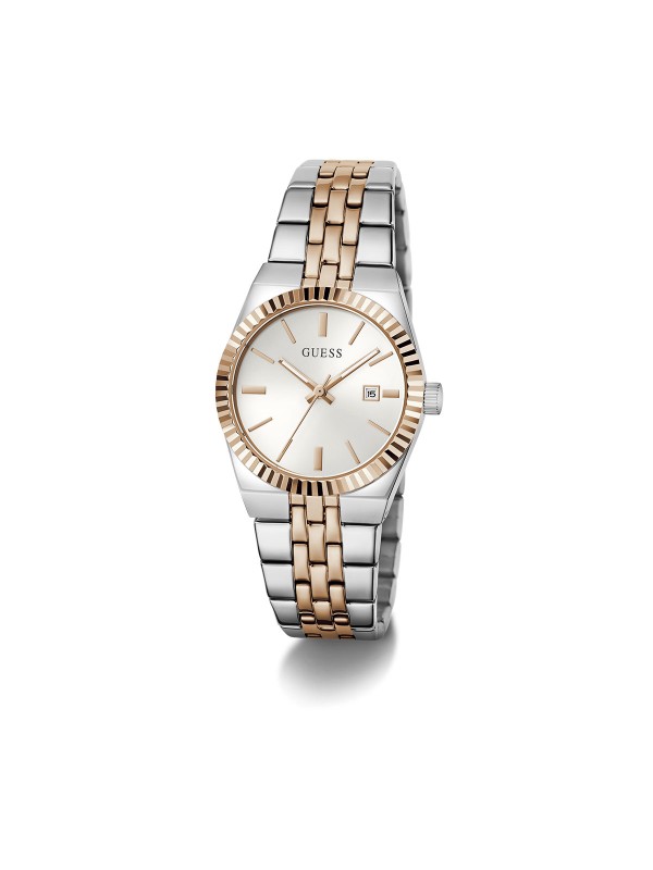 Guess VERA ženski sat u kombinaciji srebra i roze zlata sa belim sunray brojčanikom. Prečnik 32 mm i prikaz datuma. Naruči online!