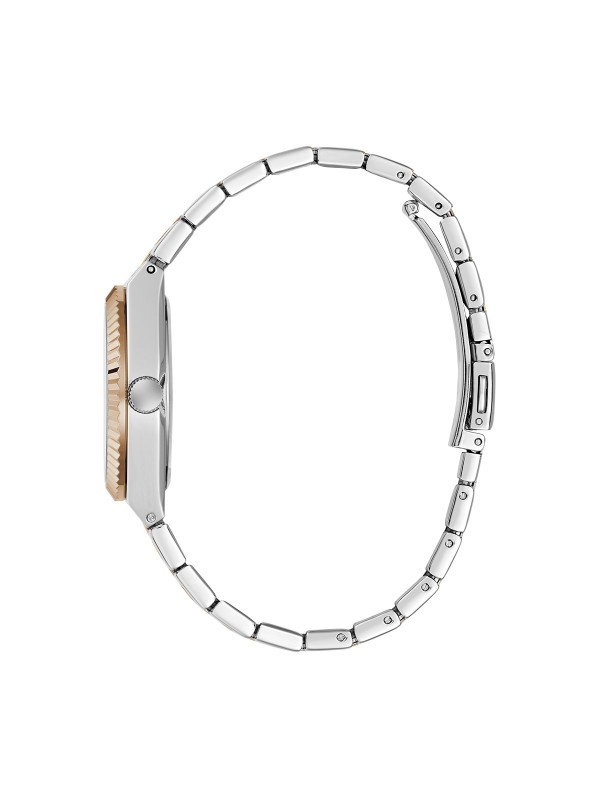 Guess VERA ženski sat u kombinaciji srebra i roze zlata sa belim sunray brojčanikom. Prečnik 32 mm i prikaz datuma. Naruči online!